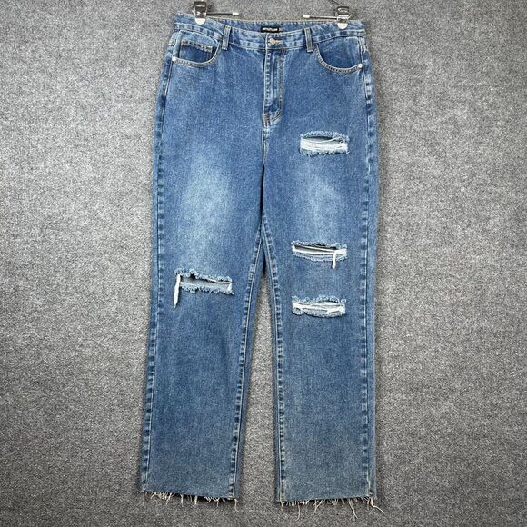 Pretty Little Thing Women's Jeans Size 12 Ripped Blue Medium Wash Straight Leg - Picture 1 of 12